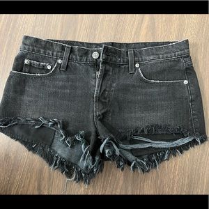 Ksubi black jean shorts with distressed ripped bottoms size 28